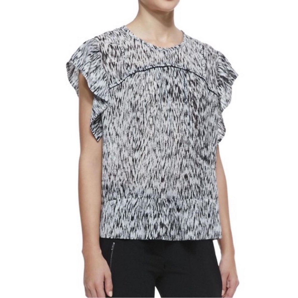 IRO Black & White Carla Printed Silk Flutter Sleeve Blouse